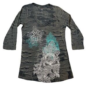 XCVI T Shirt Women's XL Gray Tie Dye Batik Print 3/4 Sleeve Scoop Neck